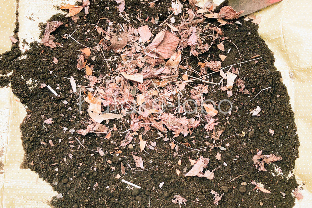 空気層を作るために、掘った土と枯草を混ぜる